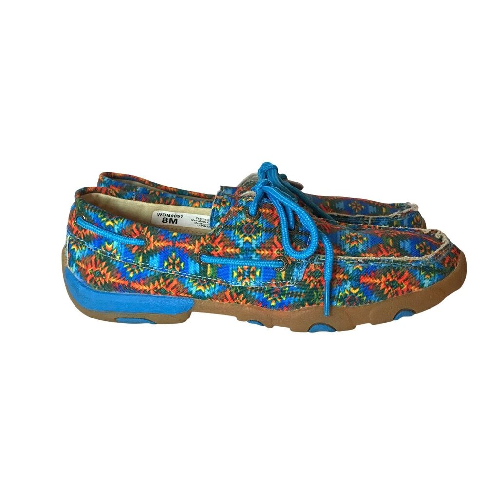 Twisted X Women's 8M Canvas Boat Shoe Driving Mocs Blue Aztec